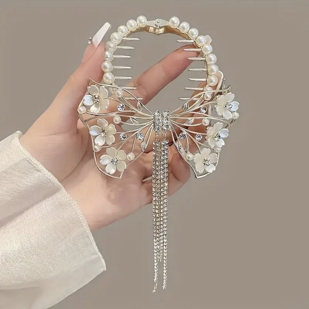 Pearl-Embellished Floral Bow Hair Comb with Crystal Tassel - White